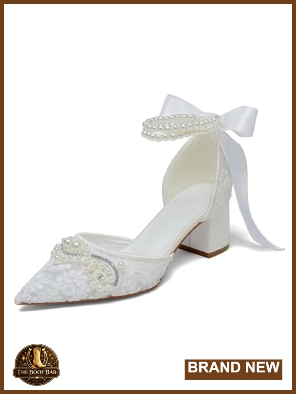 Block Heel Wedding Bridal Pumps Pointed Toe Lace Pearl Shoes for Bride